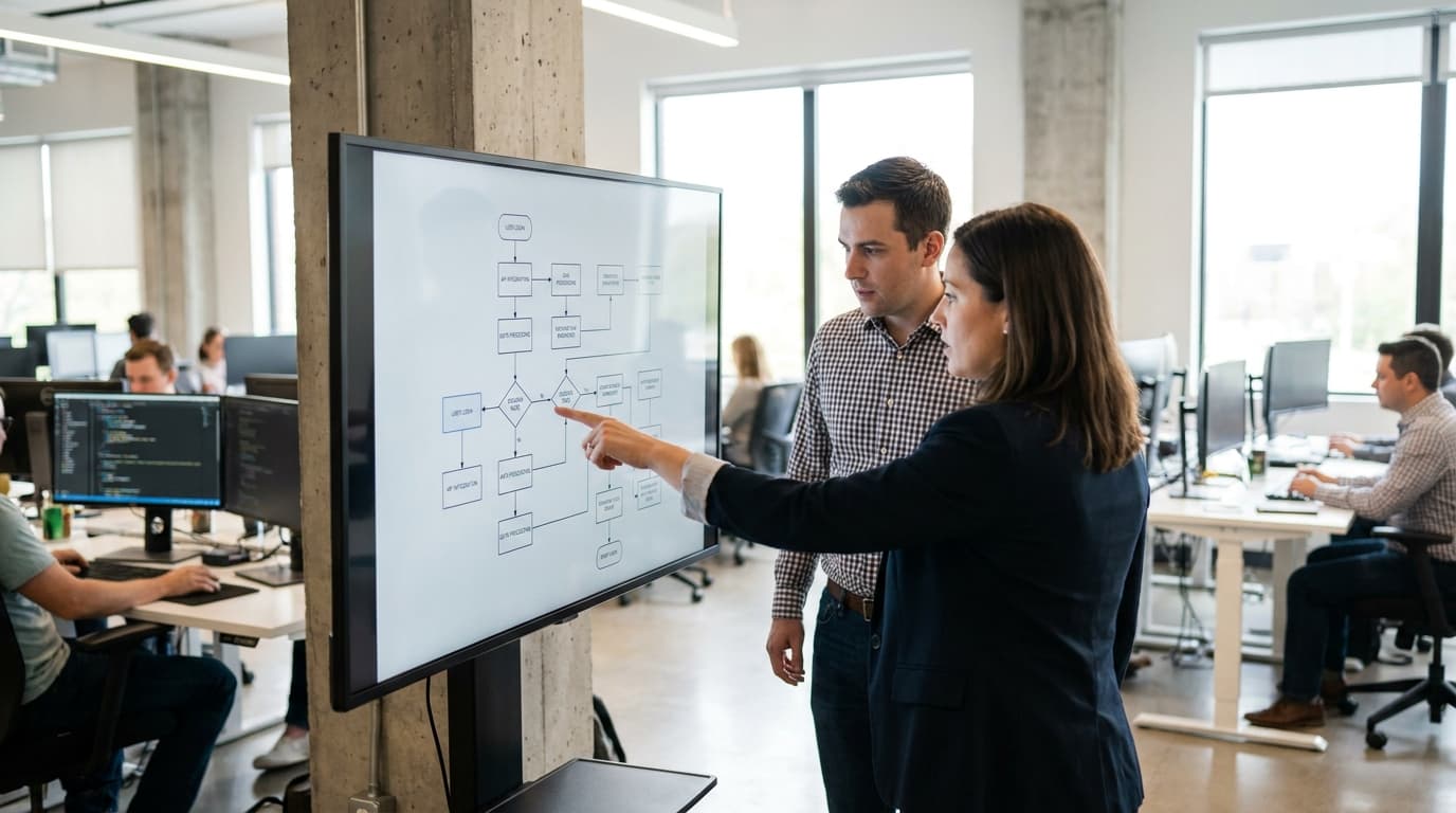 A manager and an engineer review a complex workflow on a large computer screen in an office setting.