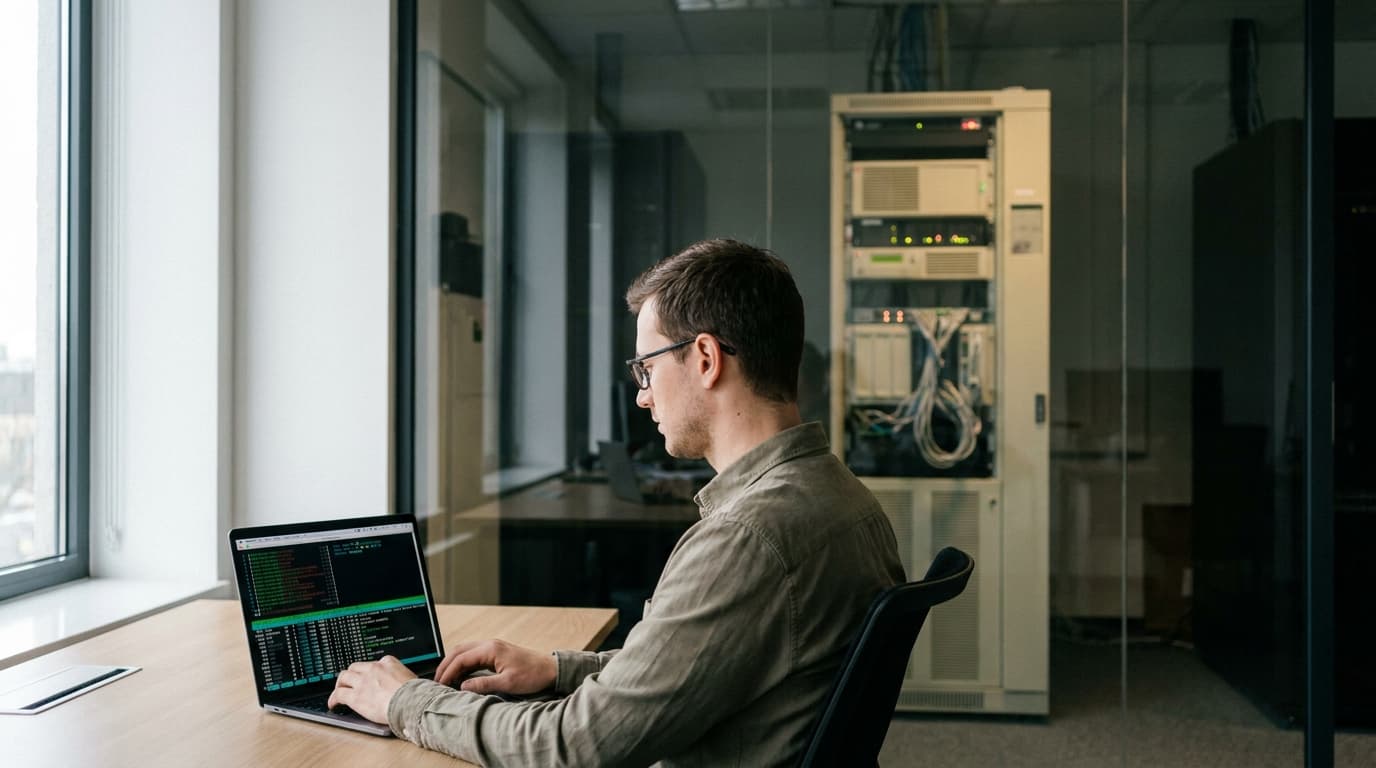 An engineer at a desk uses a laptop, with a mainframe computer system visible in a server room behind them.