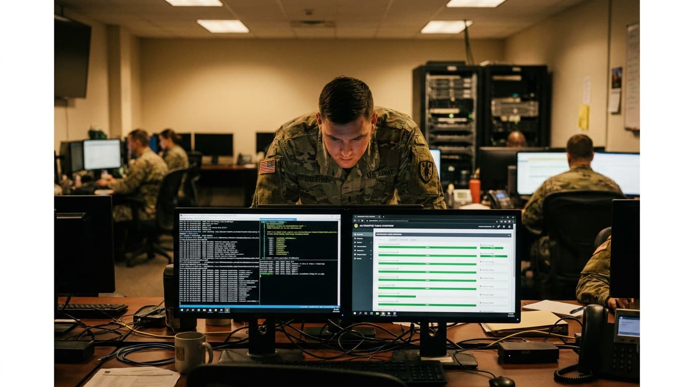 A military officer in uniform works at a computer in a command center, monitoring data on multiple screens.