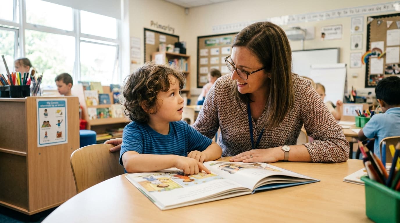 A young child in a classroom points to a picture in a book while interacting with an adult, illustrating human learning.