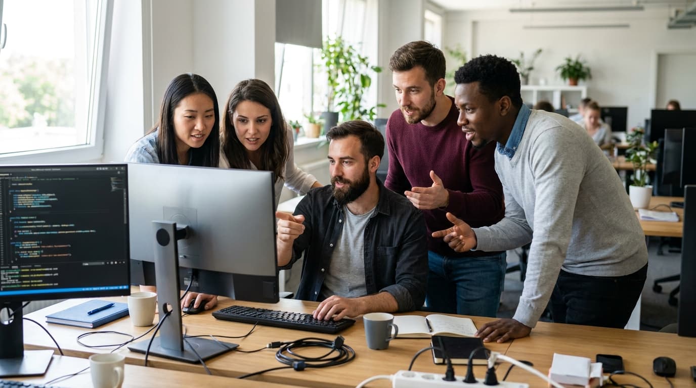 A team of software developers collaborates on code using the mob programming technique in an office setting.