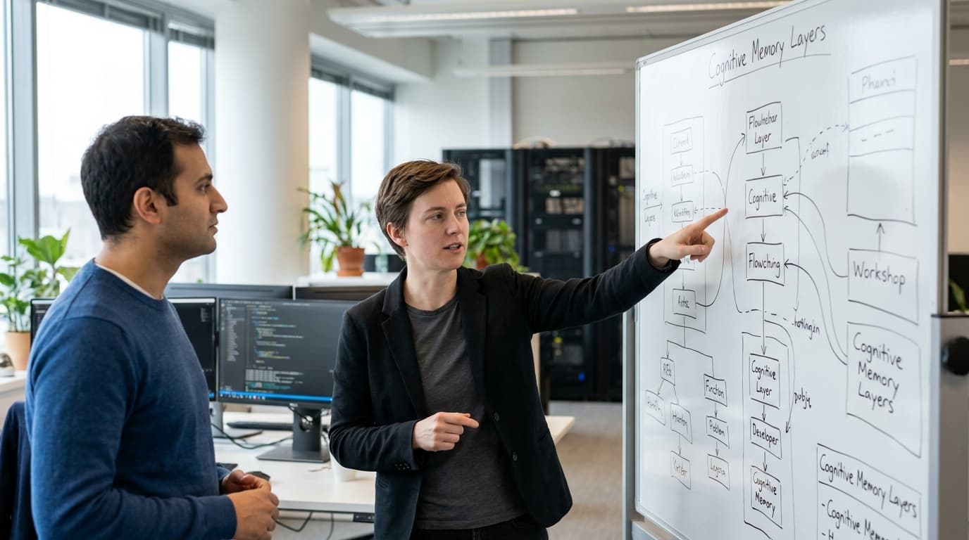 An AI researcher explains a complex system diagram on a whiteboard to a colleague in a bright, collaborative office space.