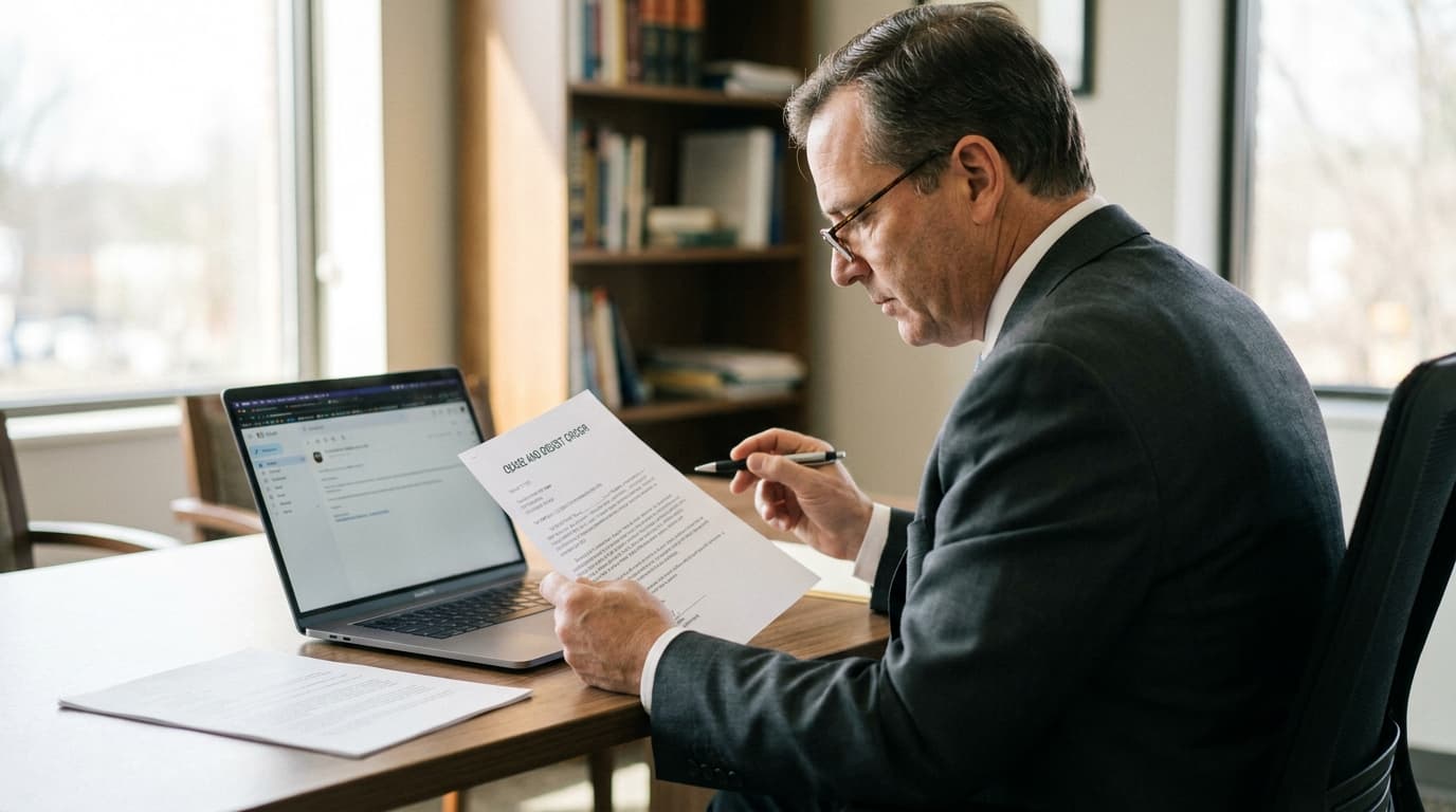A lawyer sitting at a desk carefully reading a legal document next to an open laptop.