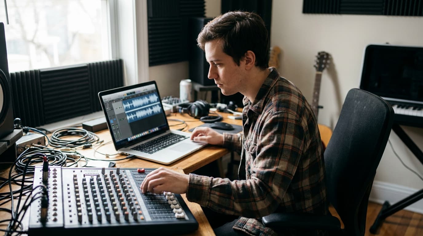 A musician in their home recording studio uses a laptop with SoundCloud on the screen while working at a sound mixing desk.