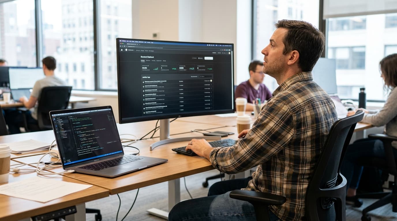 A developer at a desk uses a monitor with the Vercel dashboard and a laptop showing Python code.