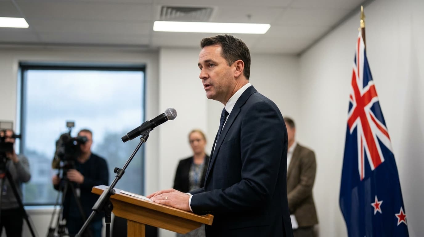 New Zealand Prime Minister Christopher Luxon announces new legislation at a press conference.
