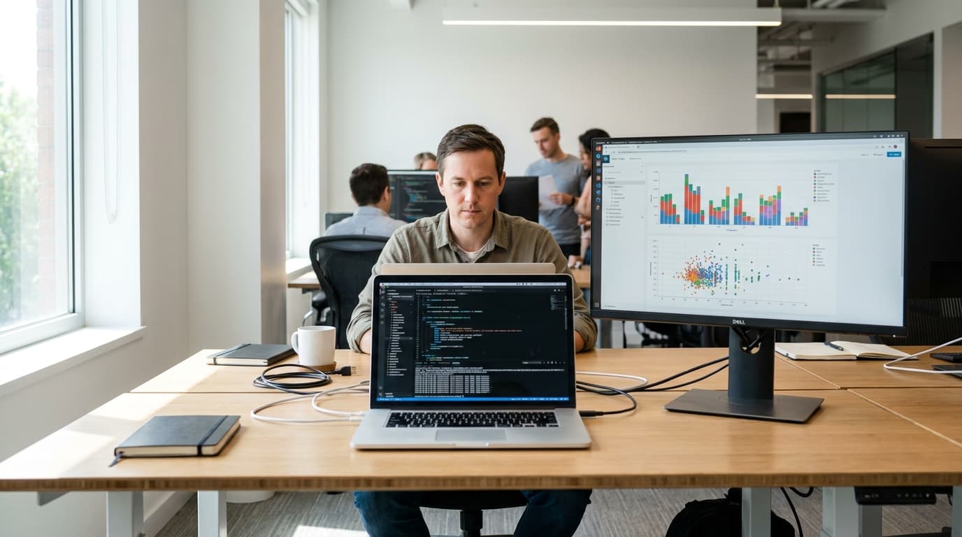 A data professional works on a DuckDB query on their laptop in an office, with a data chart visible on a nearby monitor.