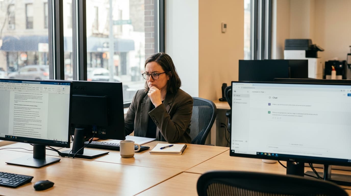 A content strategist works at a desk, comparing text in a content management system with an AI chat interface on another screen.