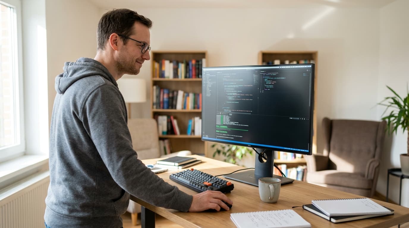 A developer in a home office smiles while looking at a successful code build on their computer monitor.