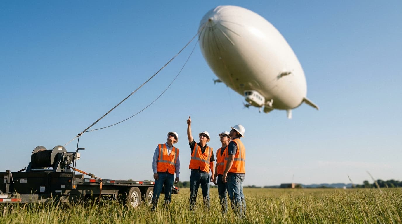 A wide shot of a massive white airborne wind turbine blimp floating high in the sky above a team of engineers on the ground.
