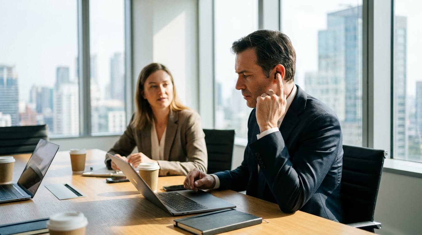 A person in an office setting touching an AI earbud in their ear during a meeting with another person.