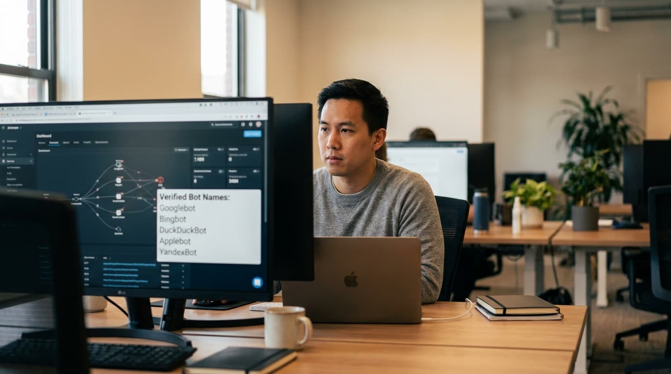 A security professional at their desk analyzes a list of verified bots on a computer monitor showing a network security dashboard.