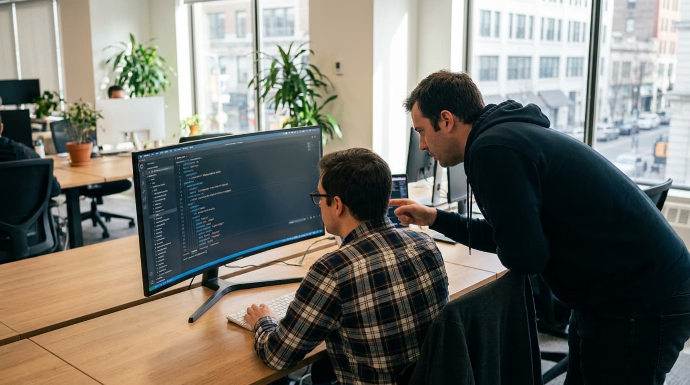 Two software engineers collaborating in an office, looking at a computer screen displaying code.