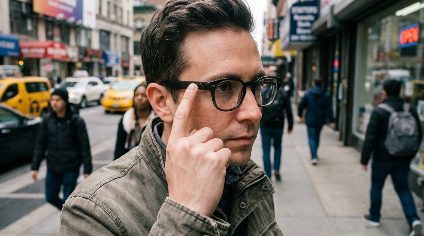 A person wearing smart glasses on a public street, with a focus on the small camera embedded in the frame.
