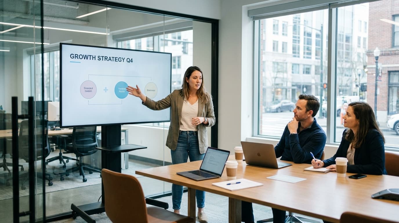 A founder pitches to two venture capitalists in a conference room, with a presentation visible on a screen behind them.