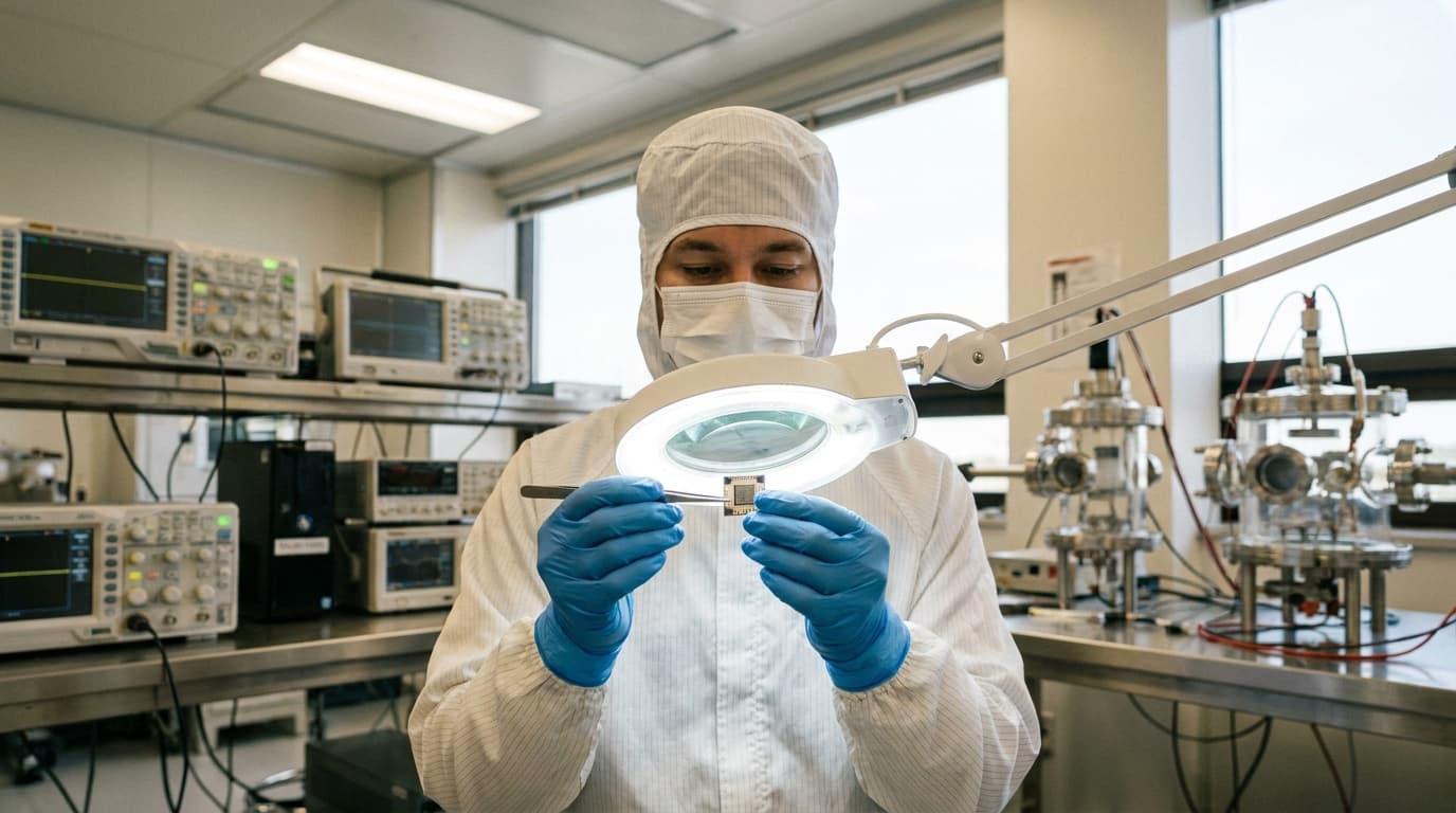 A close-up photo of a researcher holding a small, complex microchip with a pair of tweezers in a brightly lit laboratory.