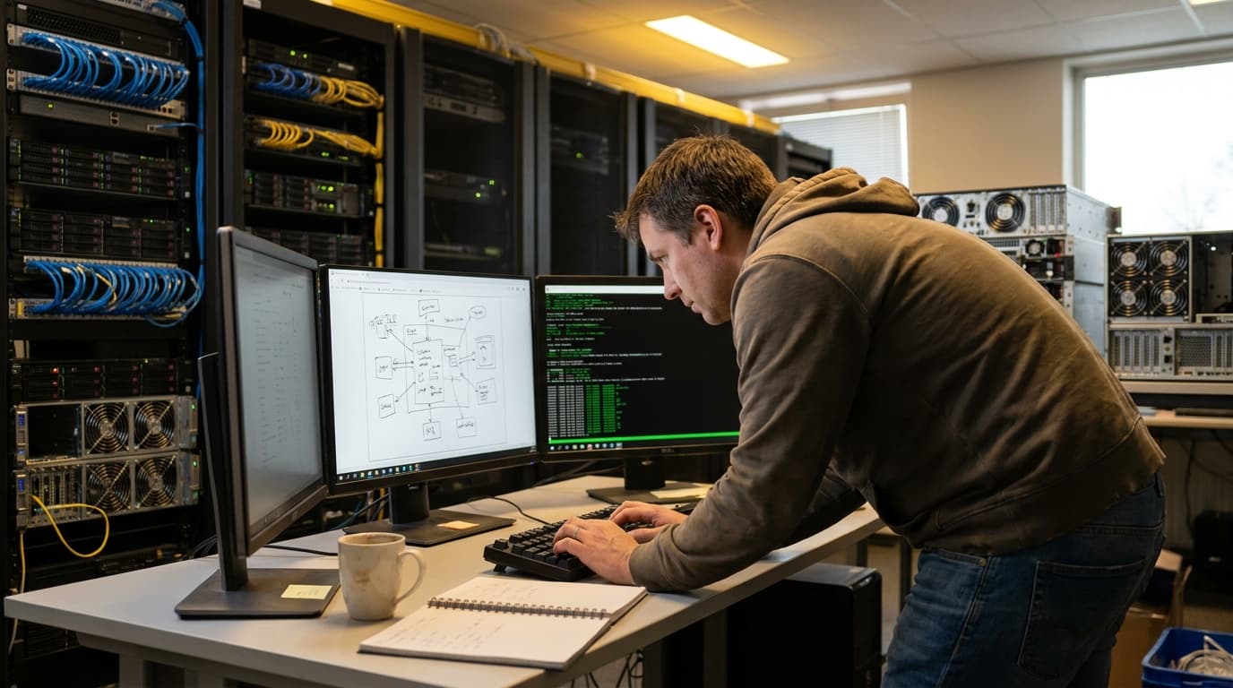 An engineer working on complex AI infrastructure on a computer in a data center environment.