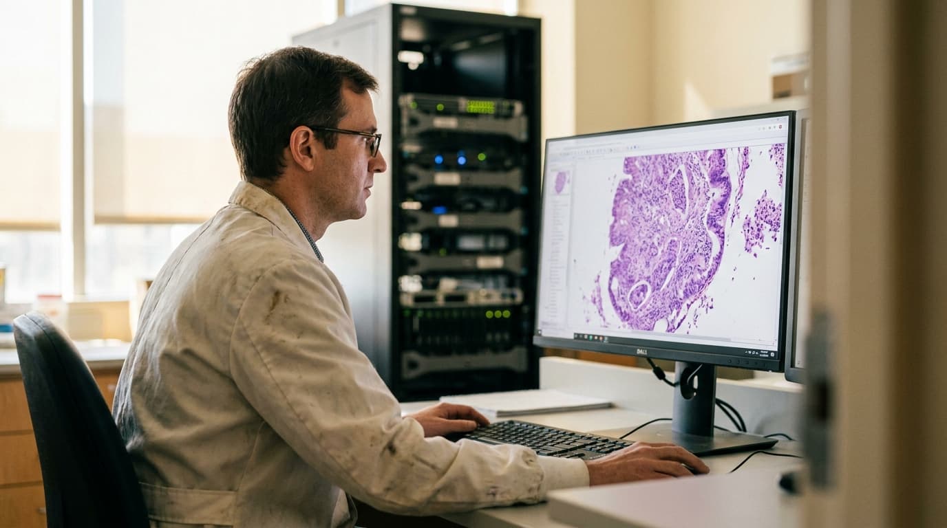 A scientist analyzing a colorful digital pathology image on a large computer screen in a modern research laboratory.