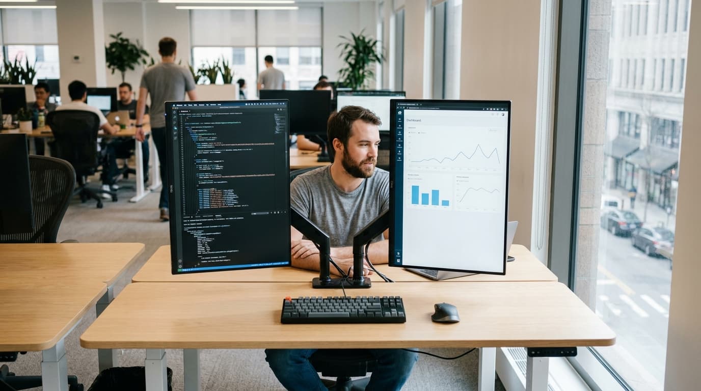A developer at their desk analyzes code and performance metrics displayed on two separate computer monitors.
