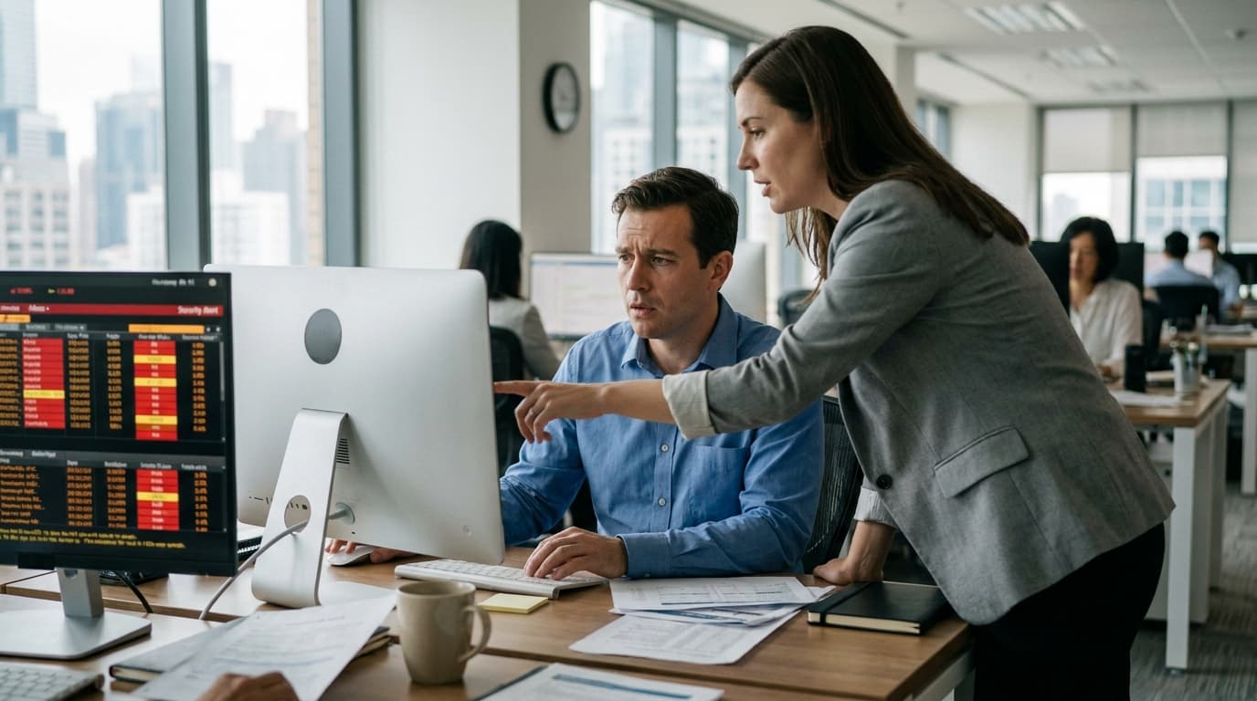 Two financial analysts in an office environment review security data on a computer monitor with concerned expressions.