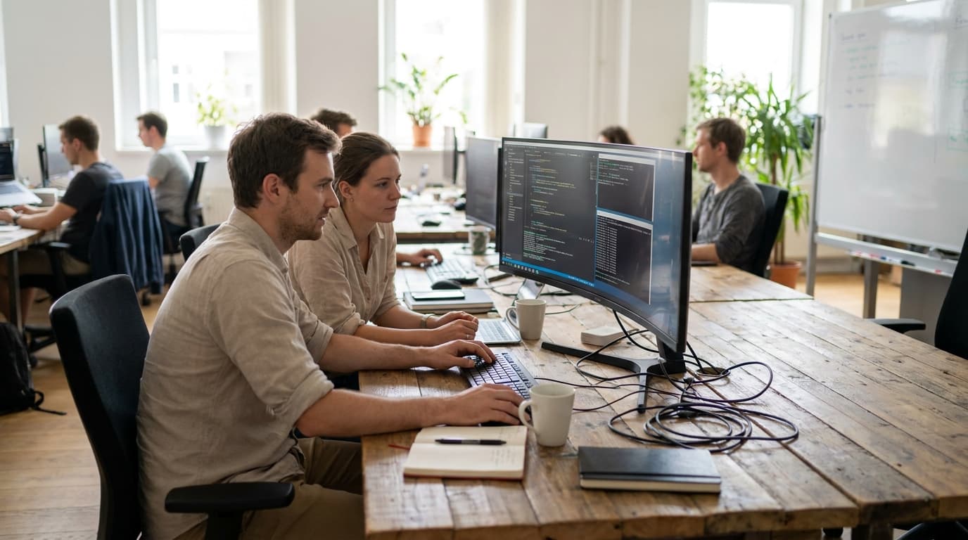 Two developers work together at a desk, pointing at a shared screen displaying lines of code in an office setting.