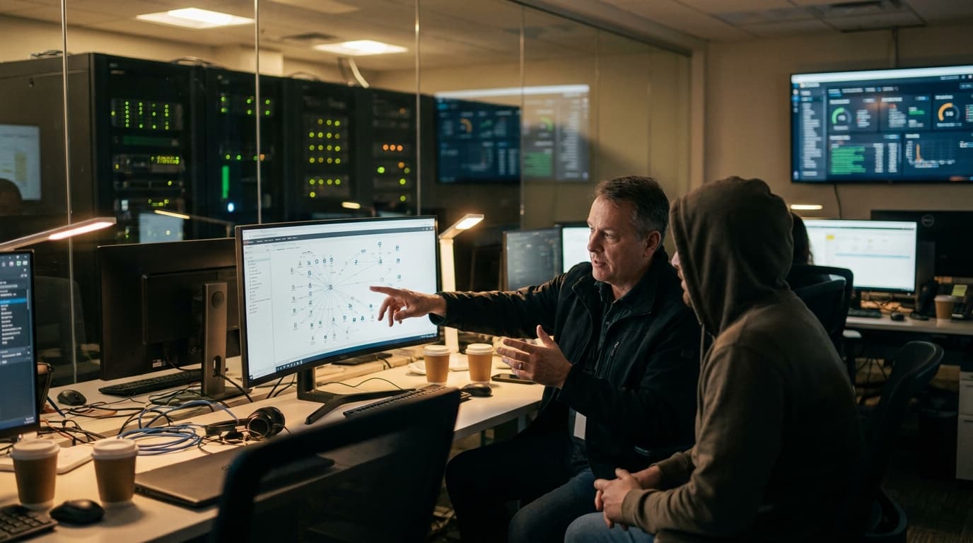 Two IT professionals in a modern office analyze a network security policy displayed on a large computer monitor.