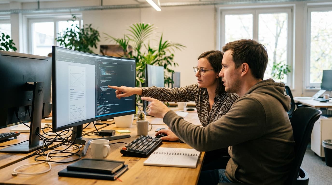 A designer and developer collaborating in an office, looking at a monitor displaying a dynamically changing software interface.