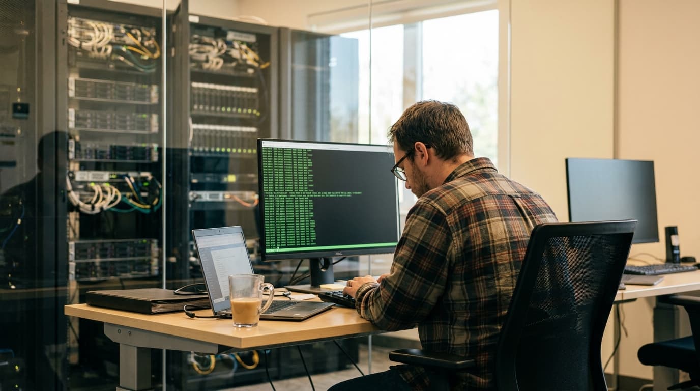 An engineer works on a computer terminal in a data center, with server racks visible in the background.