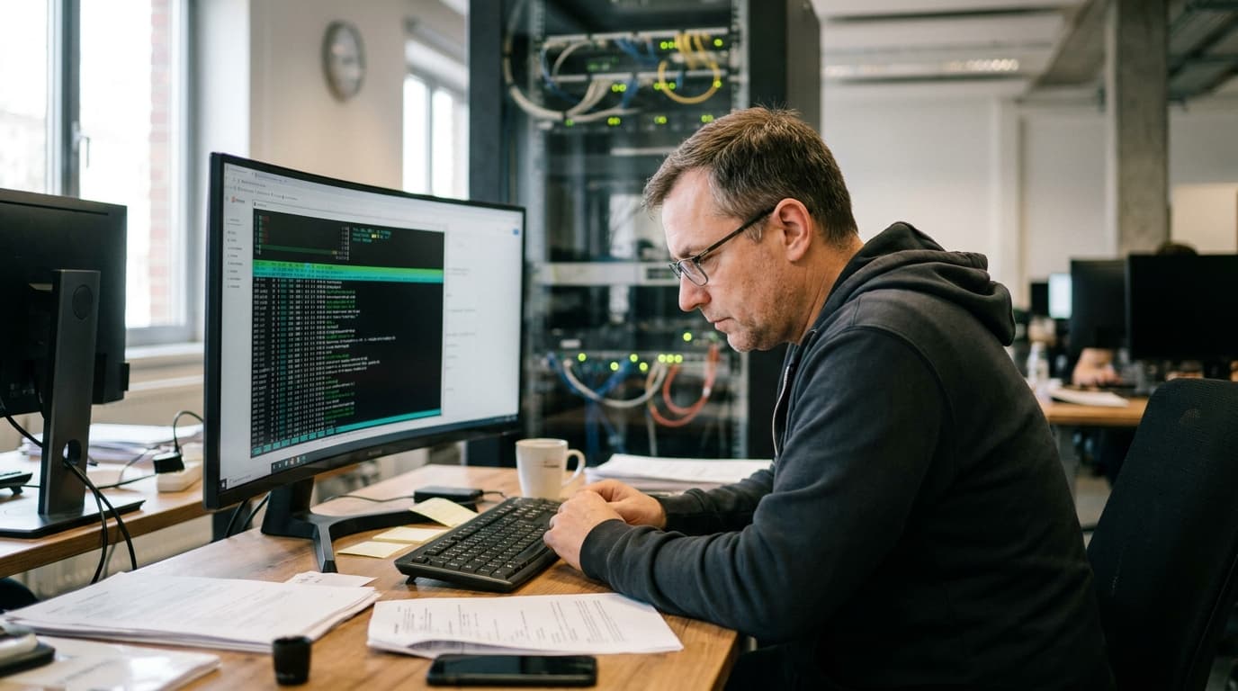 An IT professional in an office environment reviews code on a computer screen before applying a security patch to a server.
