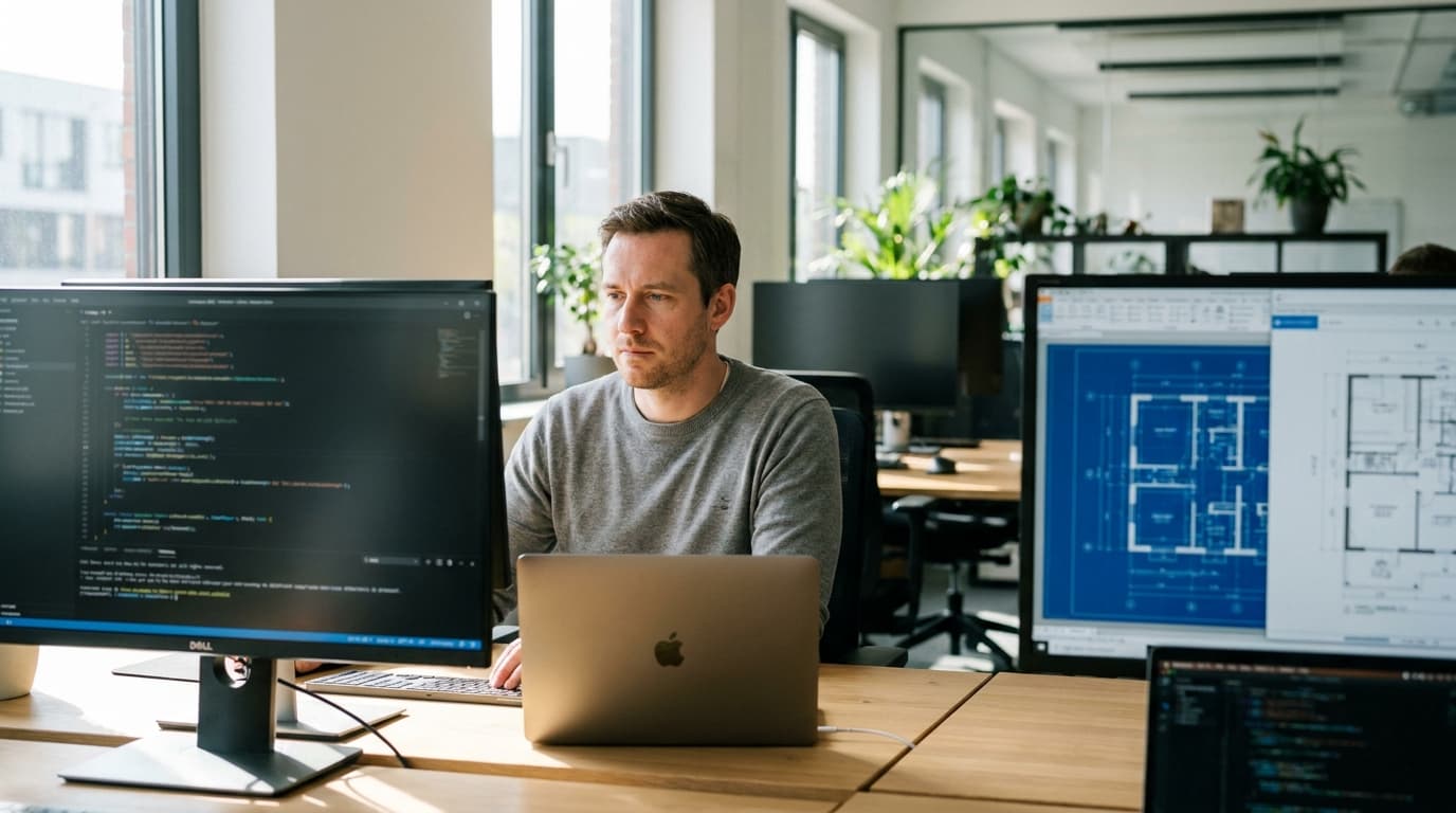 A developer working on code at a desk with two monitors in a modern office environment.