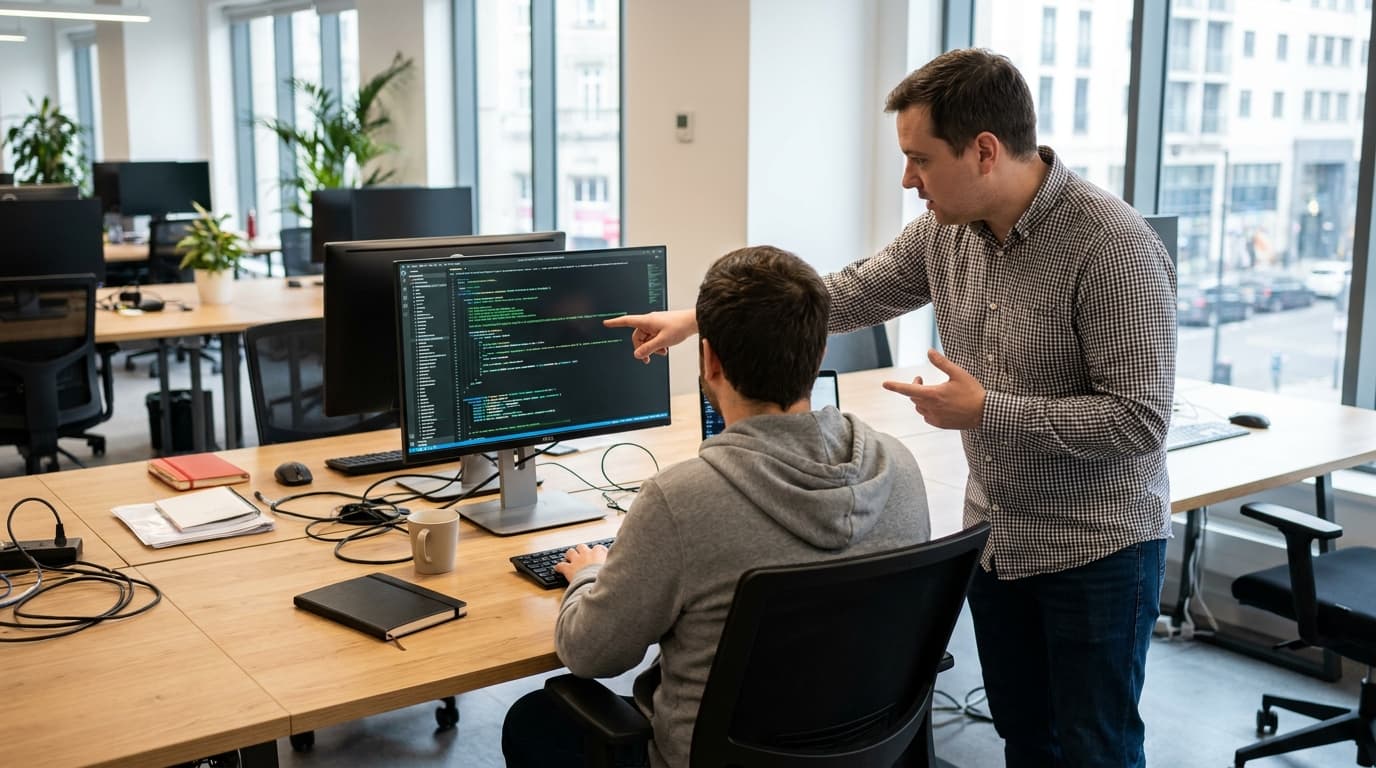 Two security engineers in an office environment collaborating over a piece of code displayed on a computer monitor.