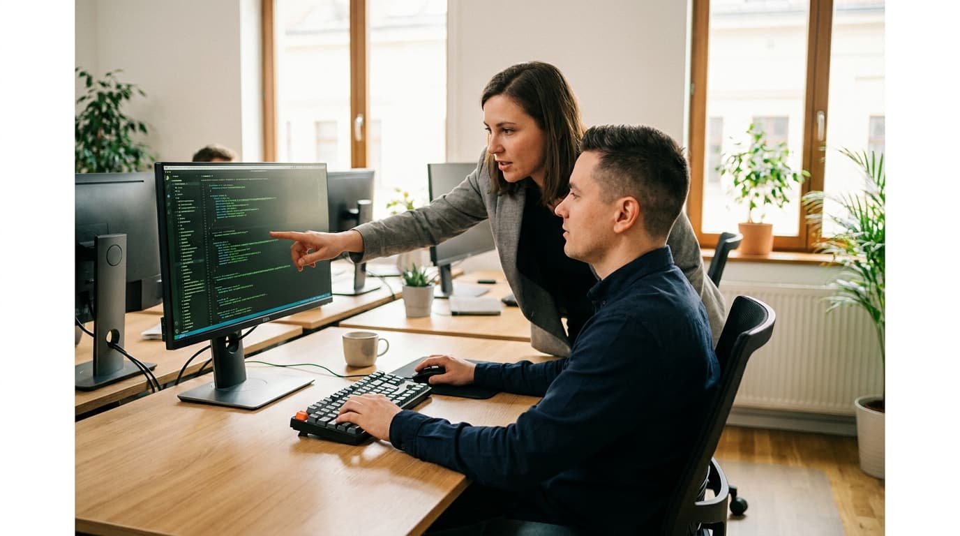 Two security engineers in an office environment collaborating over a piece of code displayed on a computer monitor.
