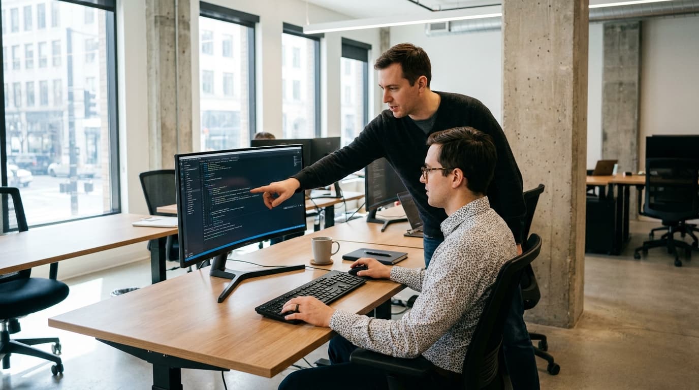 Two security engineers in an office environment collaborating over a piece of code displayed on a computer monitor.