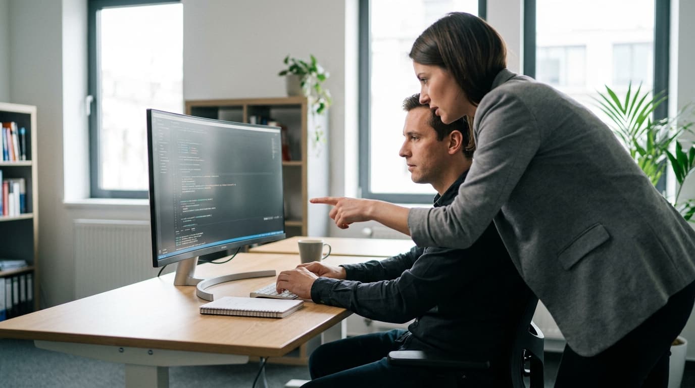 Two security engineers in an office environment collaborating over a piece of code displayed on a computer monitor.