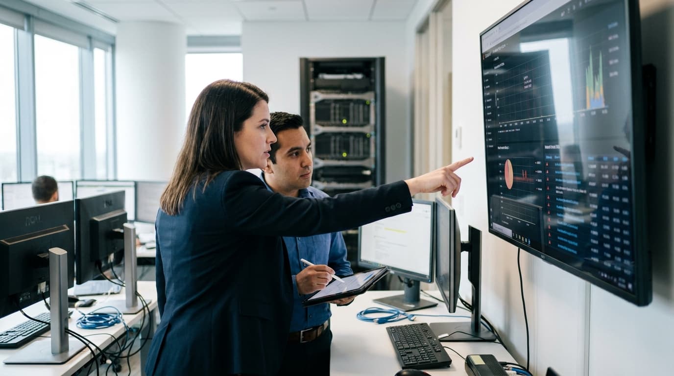 Two security professionals in an operations center analyze data on a large screen, discussing a security alert.