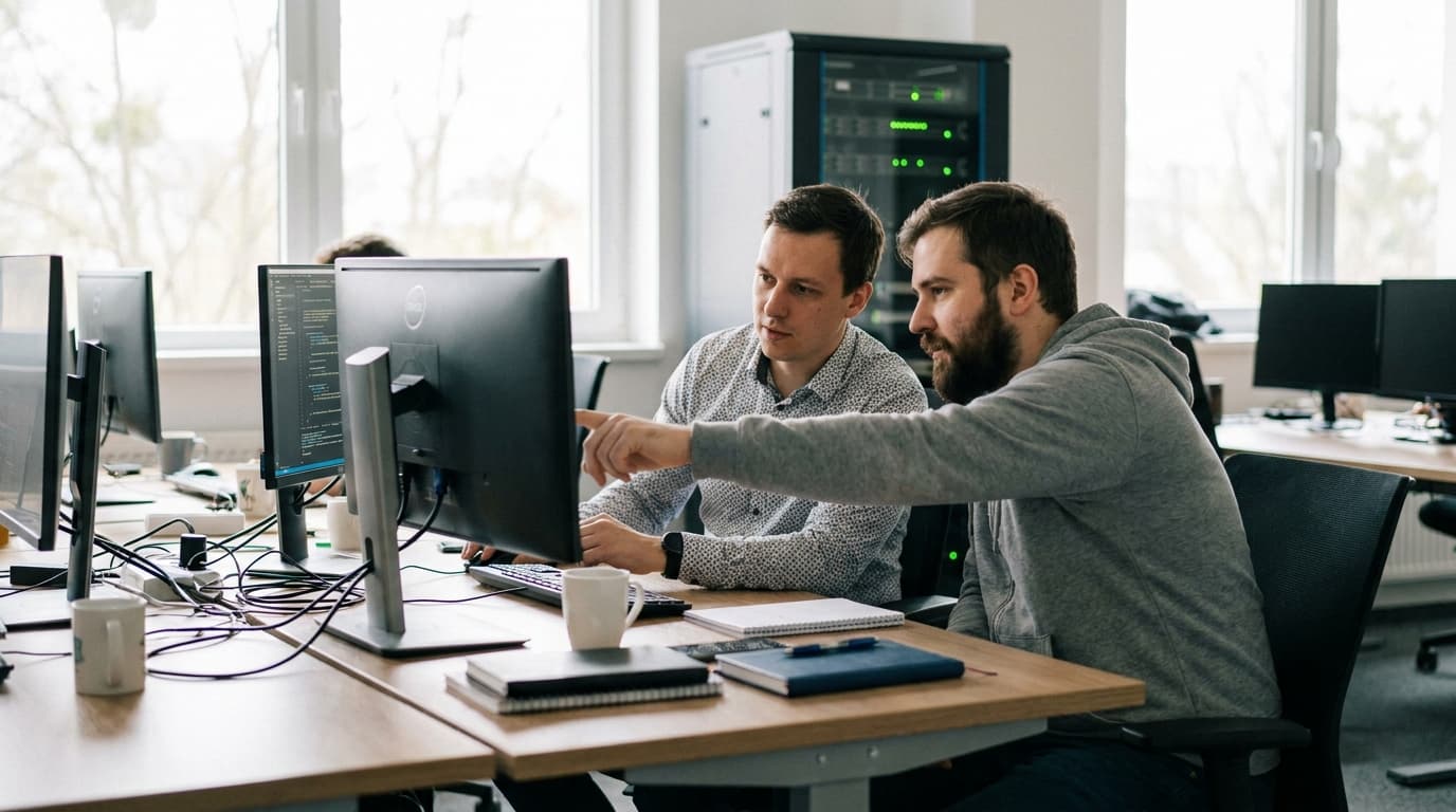 Two security engineers in an office environment collaborating over a piece of code displayed on a computer monitor.