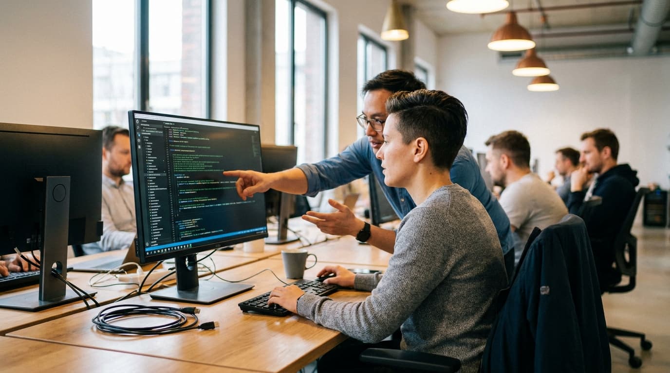 Two security engineers in an office environment collaborating over a piece of code displayed on a computer monitor.