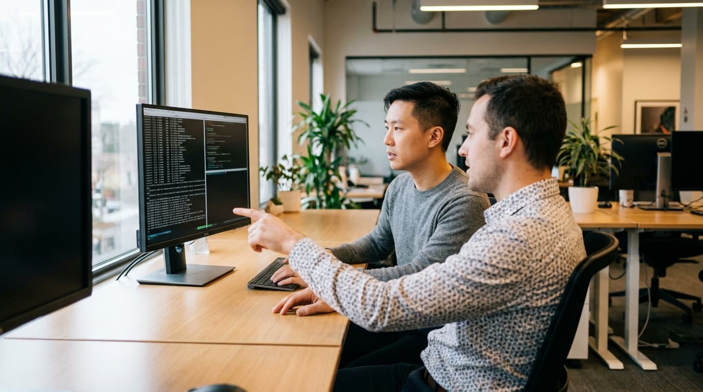 Two security engineers in an office environment collaborating over a piece of code displayed on a computer monitor.