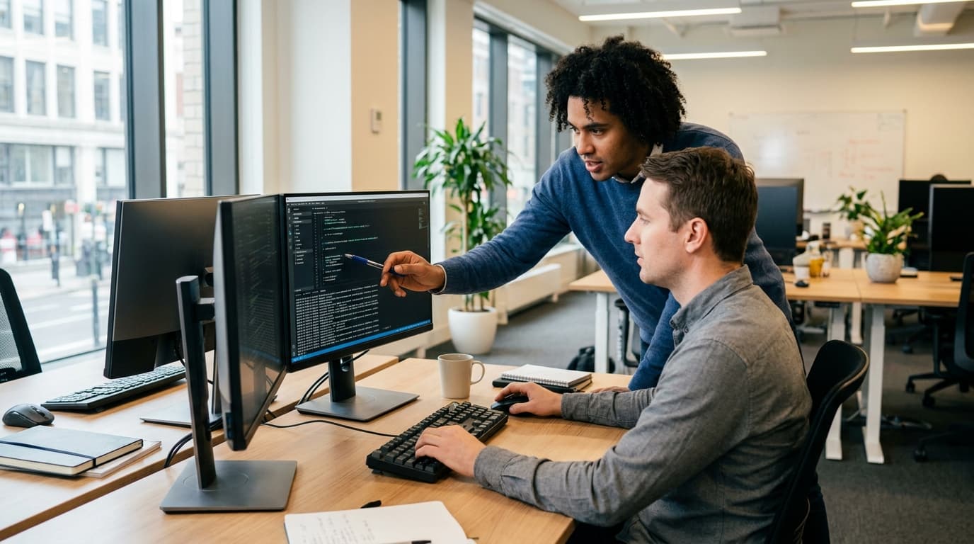 Two security engineers in an office environment collaborating over a piece of code displayed on a computer monitor.