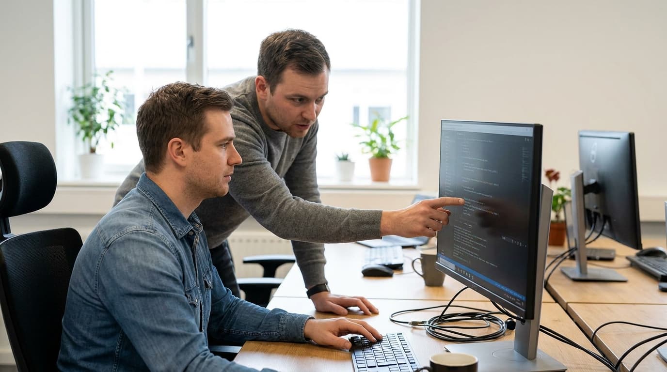 Two security engineers in an office environment collaborating over a piece of code displayed on a computer monitor.