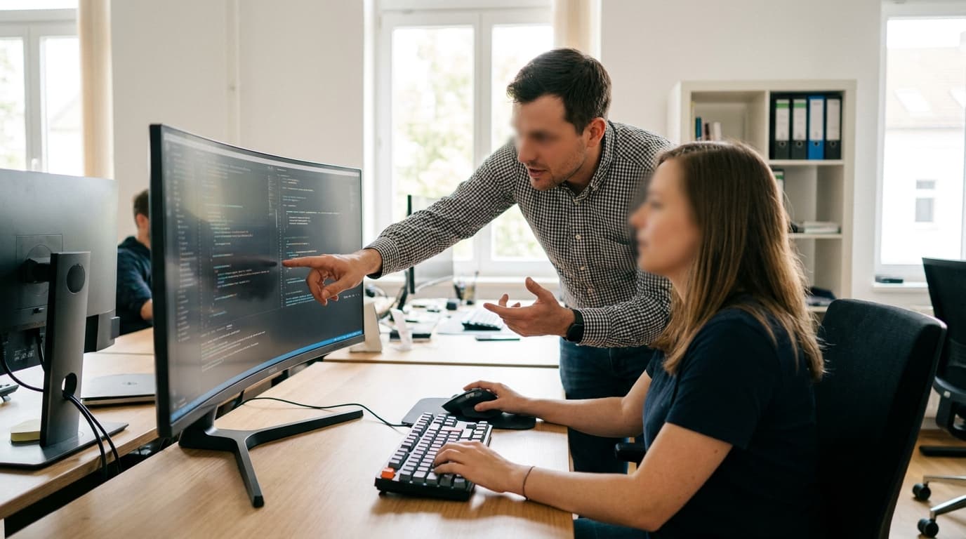 Two security engineers in an office environment collaborating over a piece of code displayed on a computer monitor.