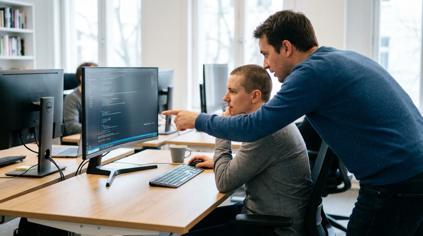 Two security engineers in an office environment collaborating over a piece of code displayed on a computer monitor.