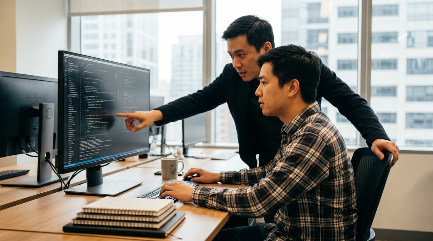 Two security engineers in an office environment collaborating over a piece of code displayed on a computer monitor.