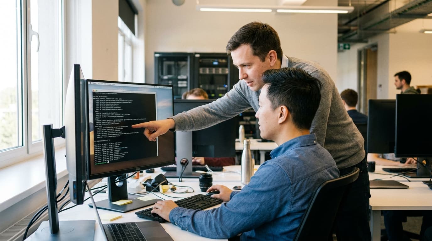Two security engineers in an office environment collaborating over a piece of code displayed on a computer monitor.
