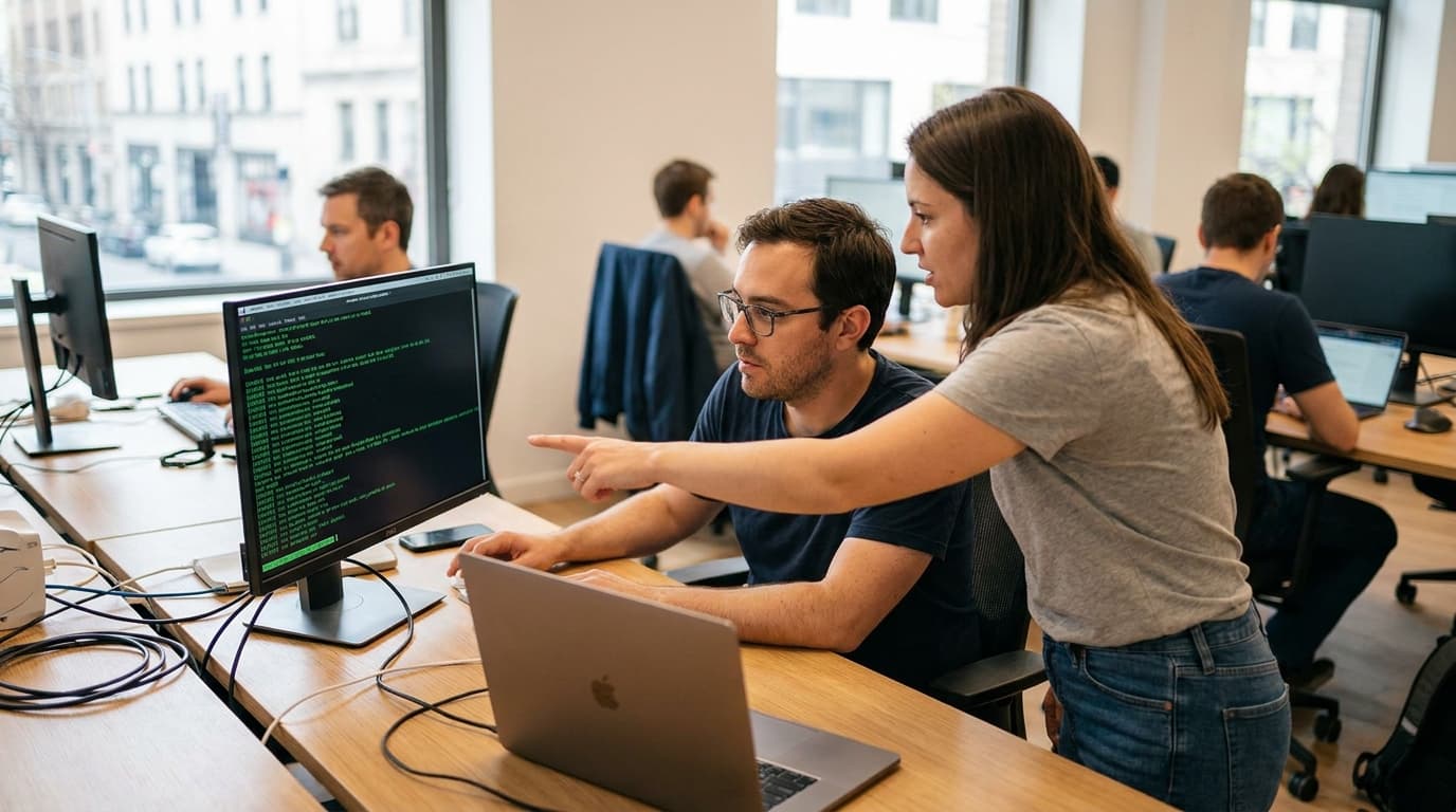 Two security engineers in an office environment collaborating over a piece of code displayed on a computer monitor.