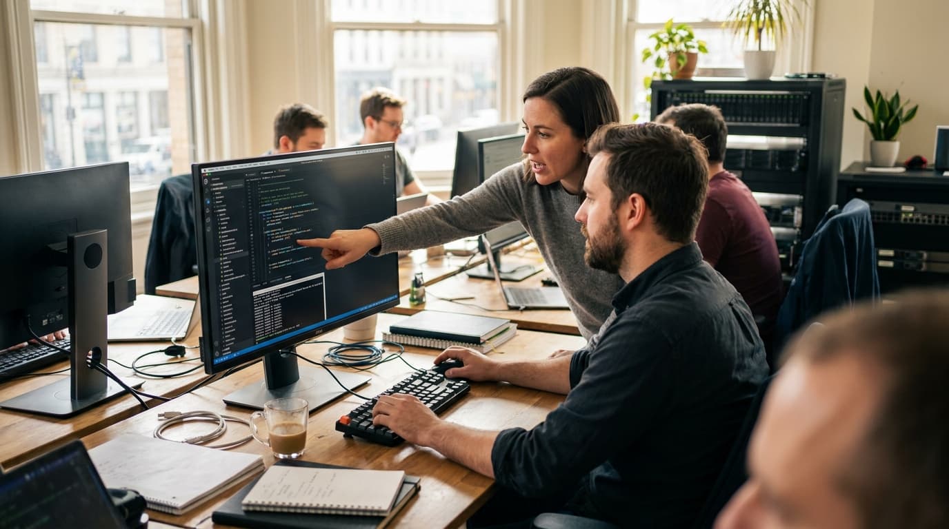 Two security engineers in an office environment collaborating over a piece of code displayed on a computer monitor.