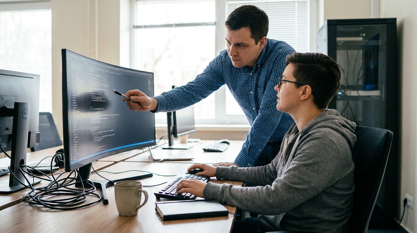 Two security engineers in an office environment collaborating over a piece of code displayed on a computer monitor.