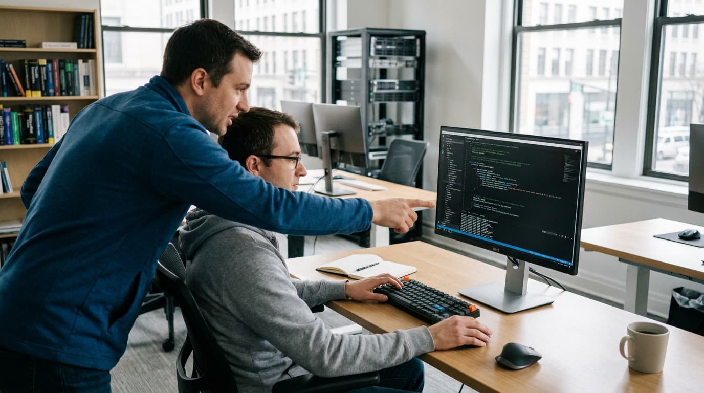 Two security engineers in an office environment collaborating over a piece of code displayed on a computer monitor.