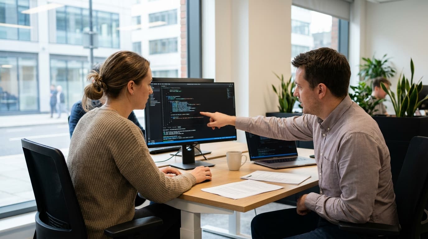 Two security engineers in an office environment collaborating over a piece of code displayed on a computer monitor.