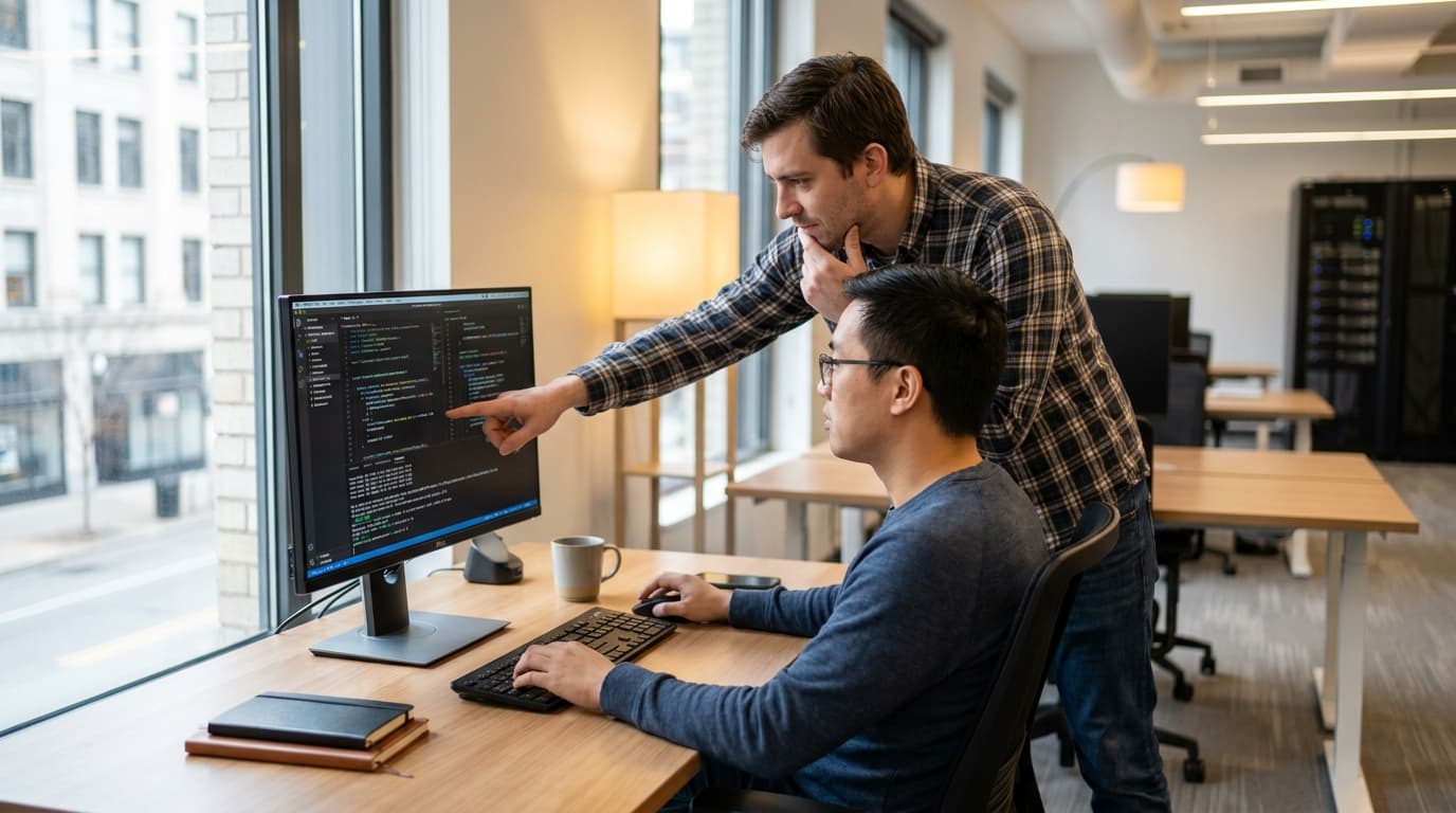 Two security engineers in an office environment collaborating over a piece of code displayed on a computer monitor.